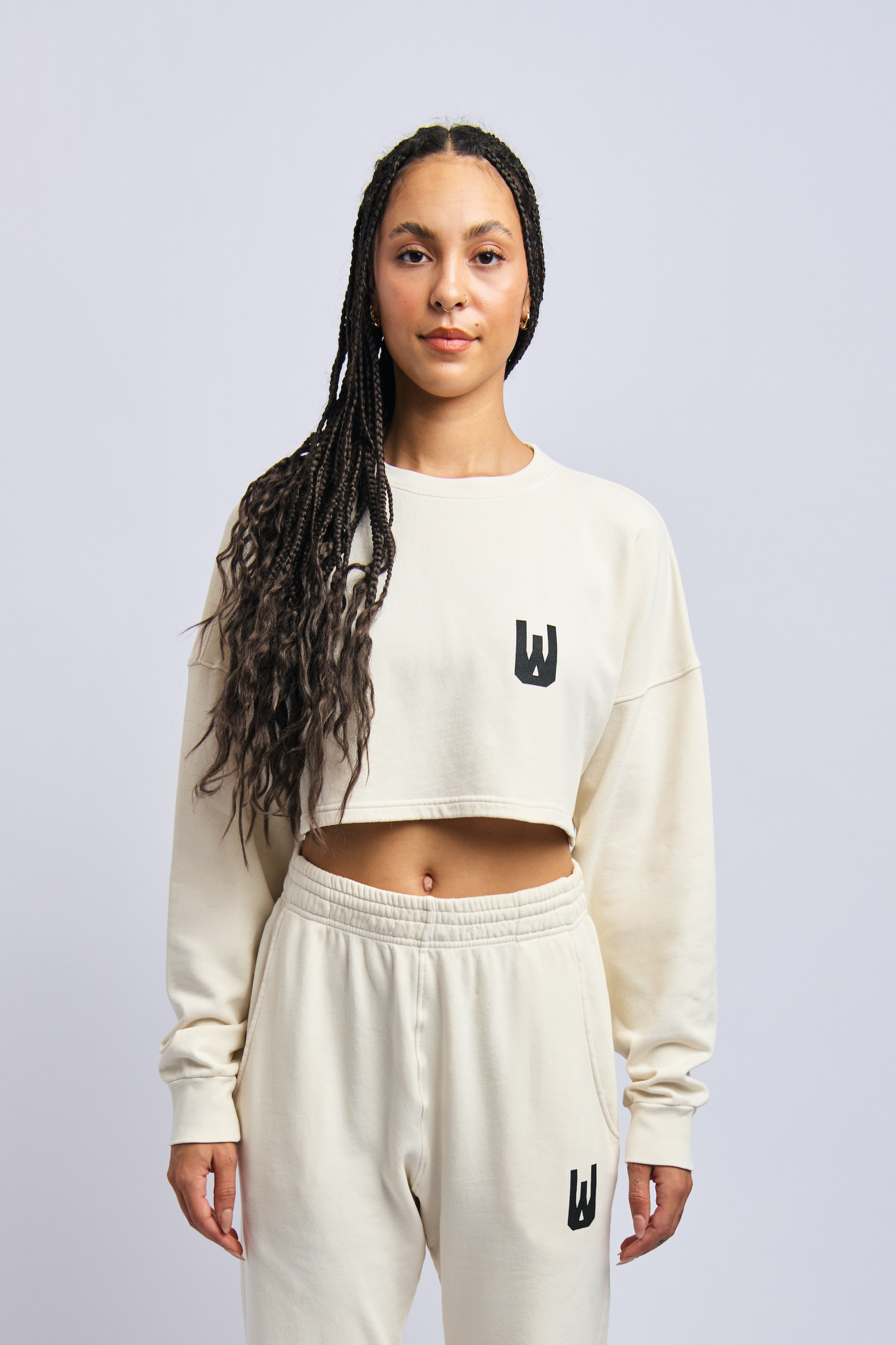 Organic Icon Print Cropped Sweatshirt, Alabaster White